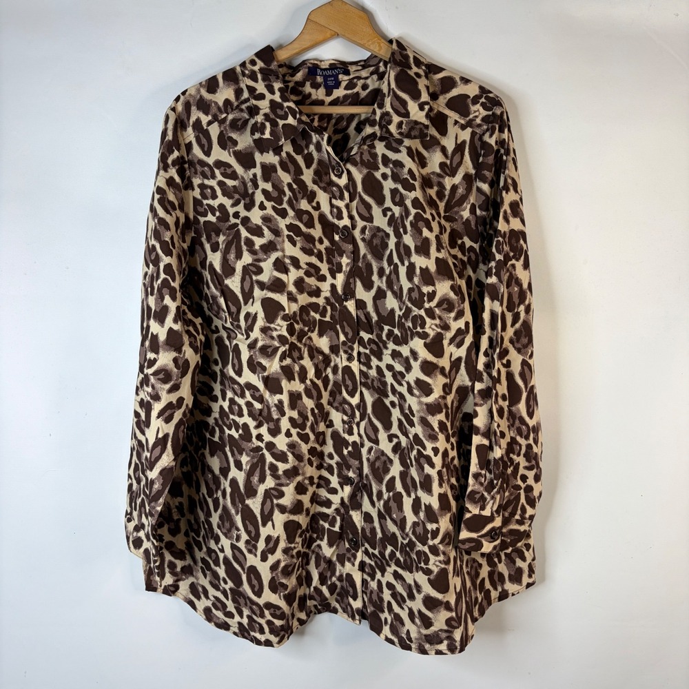 Roaman's Button Down Shirt Women 24W Brown Leopard Print Long Sleeve Collared